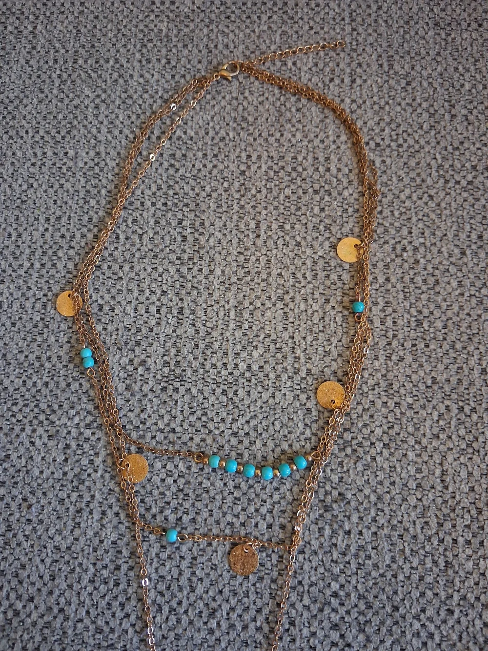 Layered Gold Feather Pendant Necklace with Turquoise Beads - Women Jewelry